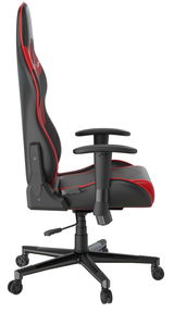 Seitliche Ansicht eines Gaming Stuhls mit schwarzem und rotem Design, verstellbaren Armlehnen und Rollen.