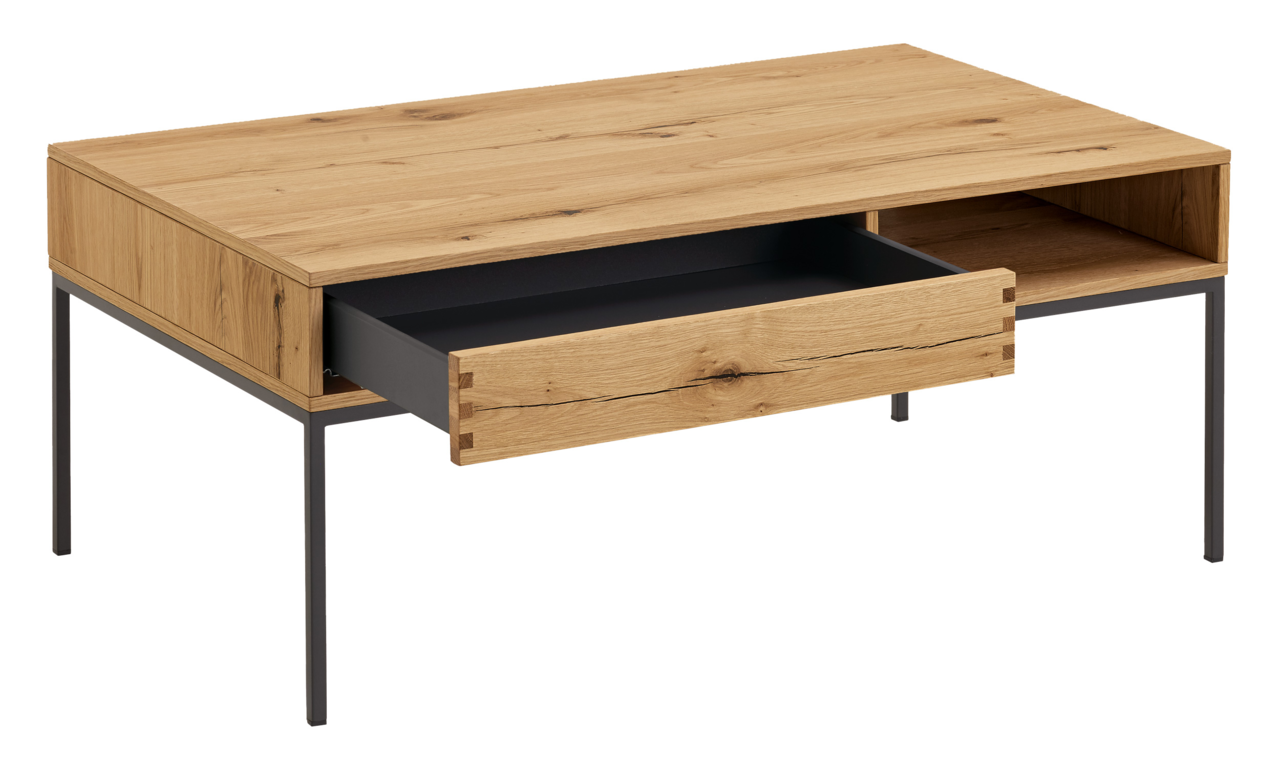 Moderner Couchtisch aus Holz mit Metallbeinen, Schublade geöffnet, seitliche Perspektive