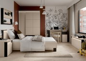 Modernes Jugendzimmer mit beigefarbenem Einzelbett, Nachttisch und Schrank, Schreibtisch vor Monster-Graffiti-Wand und großem Fenster; Perspektive: frontale Weitwinkelansicht auf das Zimmer.