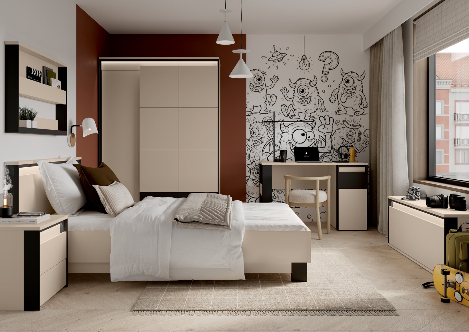 Modernes Jugendzimmer mit beigefarbenem Einzelbett, Nachttisch und Schrank, Schreibtisch vor Monster-Graffiti-Wand und großem Fenster; Perspektive: frontale Weitwinkelansicht auf das Zimmer.