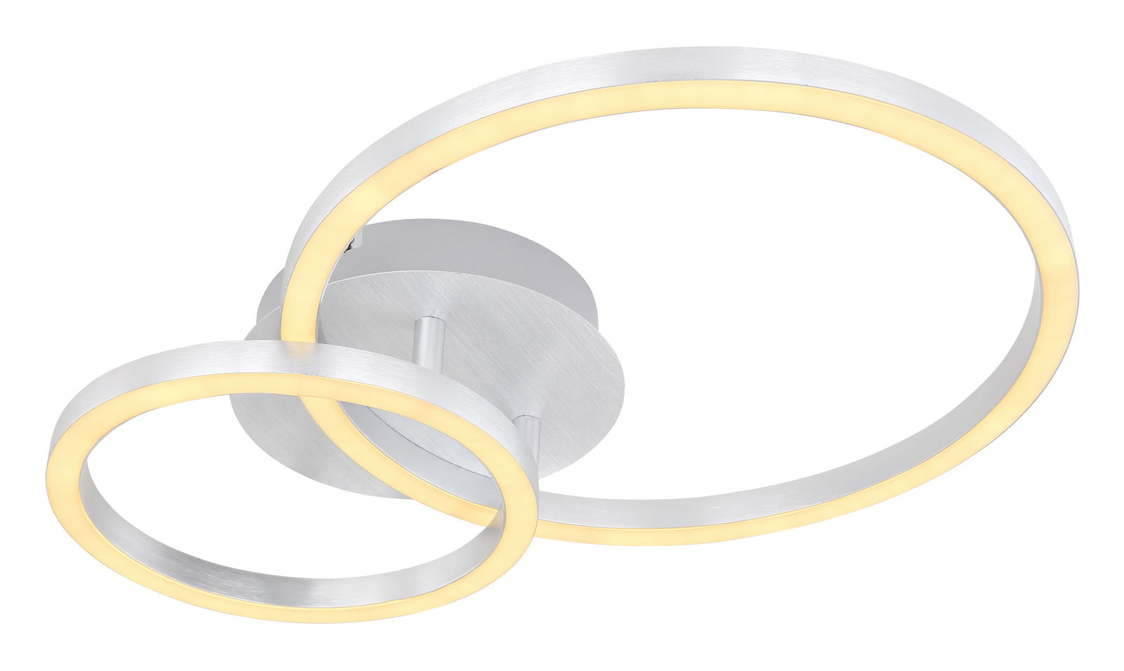 Moderne Deckenleuchte REGGY mit zwei ineinander verschlungenen LED-Ringen, seitliche Perspektive