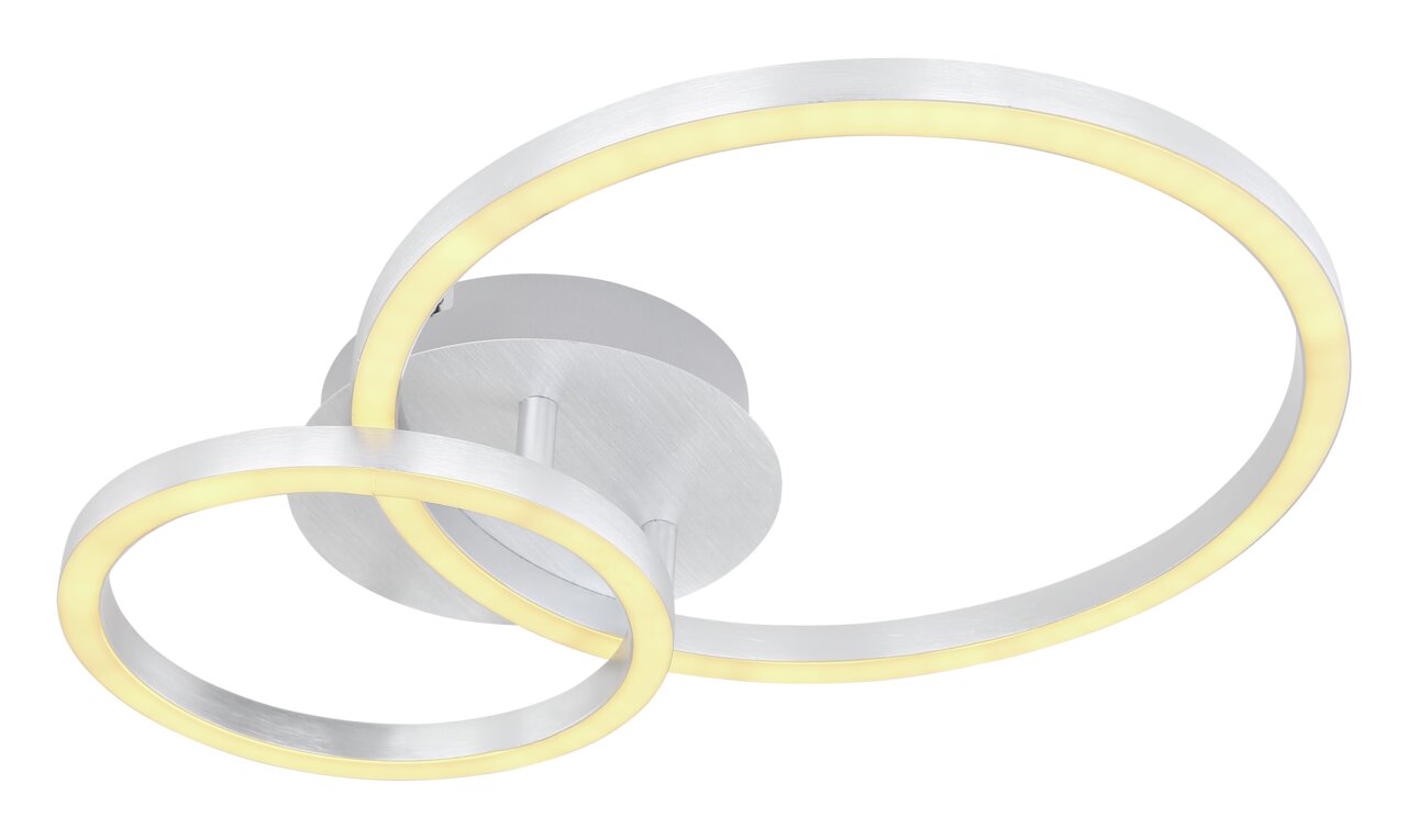 Moderne Deckenleuchte REGGY mit zwei ineinander verschlungenen LED-Ringen, seitliche Perspektive