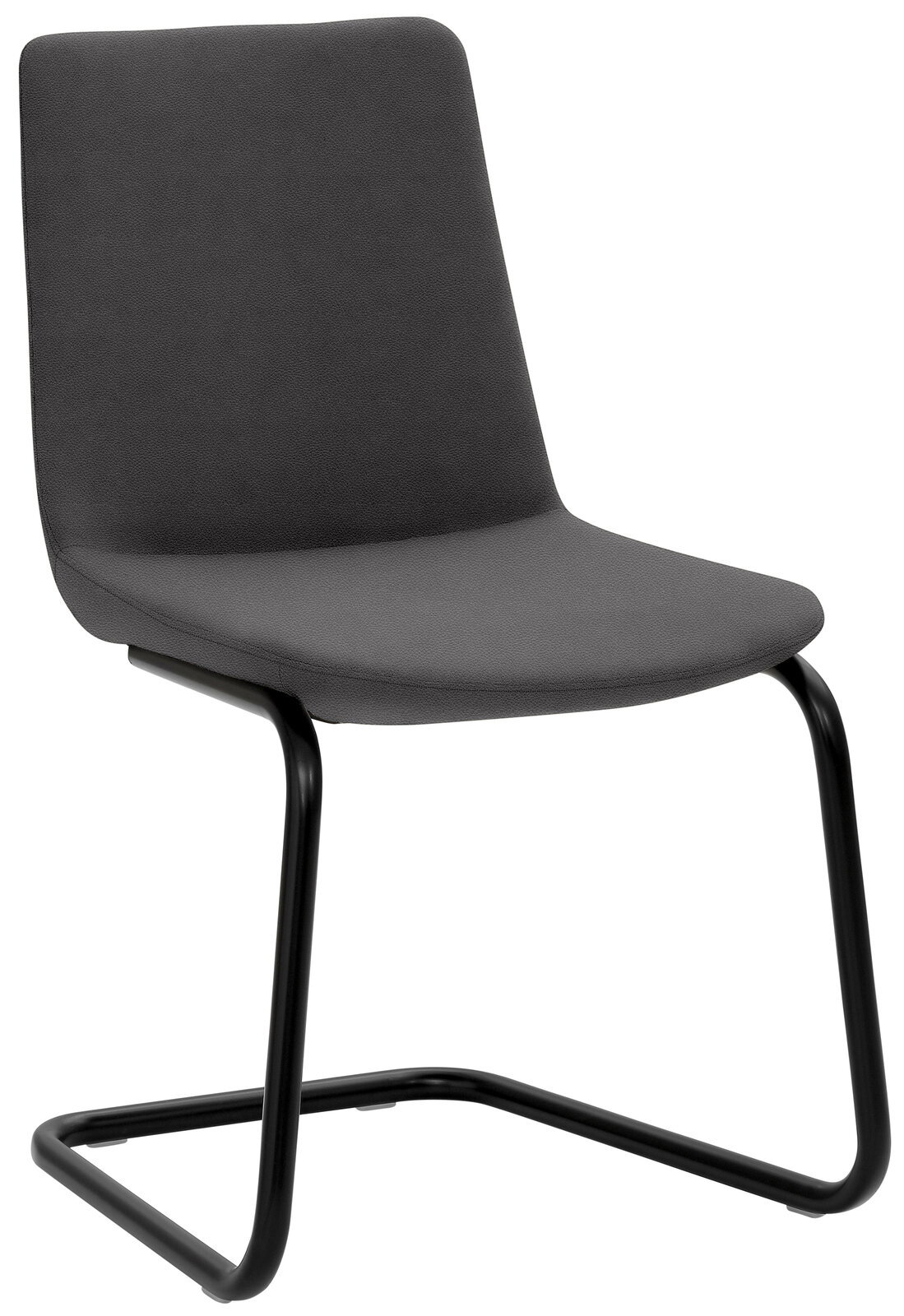 Moderner Besucher-Schwingstuhl in seitlicher Perspektive mit schwarzem Metallgestell und grauer Polsterung.