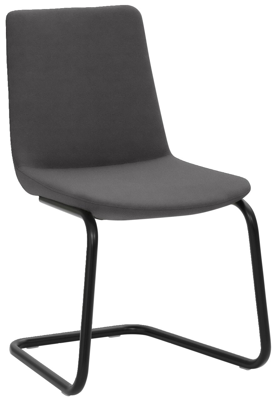 Moderne bezoekersdraaistoel in zijaanzicht met een zwart metalen frame en grijze bekleding.