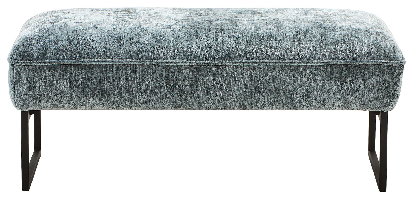 Grauer Hocker mit gepolsterter Sitzfläche und schwarzen Metallbeinen, seitliche Perspektive