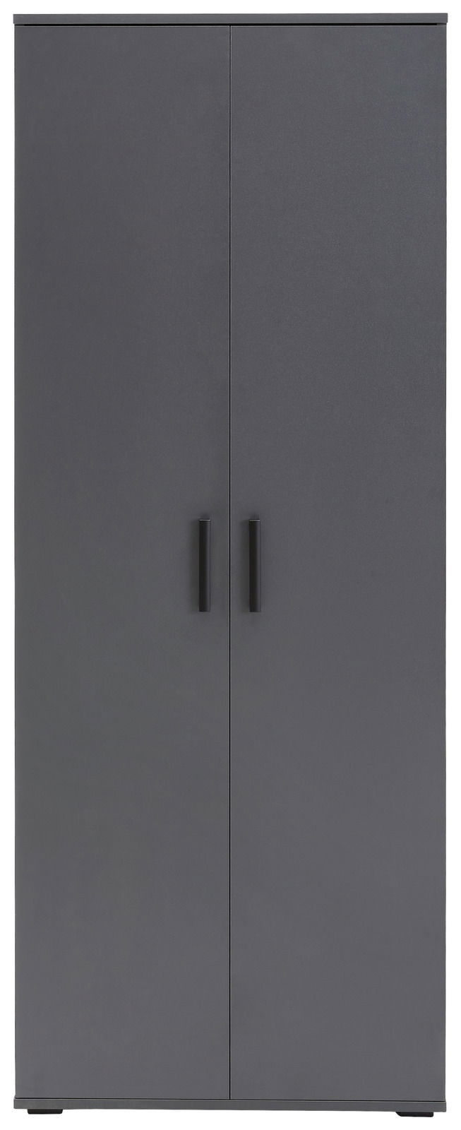 Moderner XL-Schuhschrank in dunklem Grau mit zwei Türen und schwarzen Griffen, Frontalansicht.