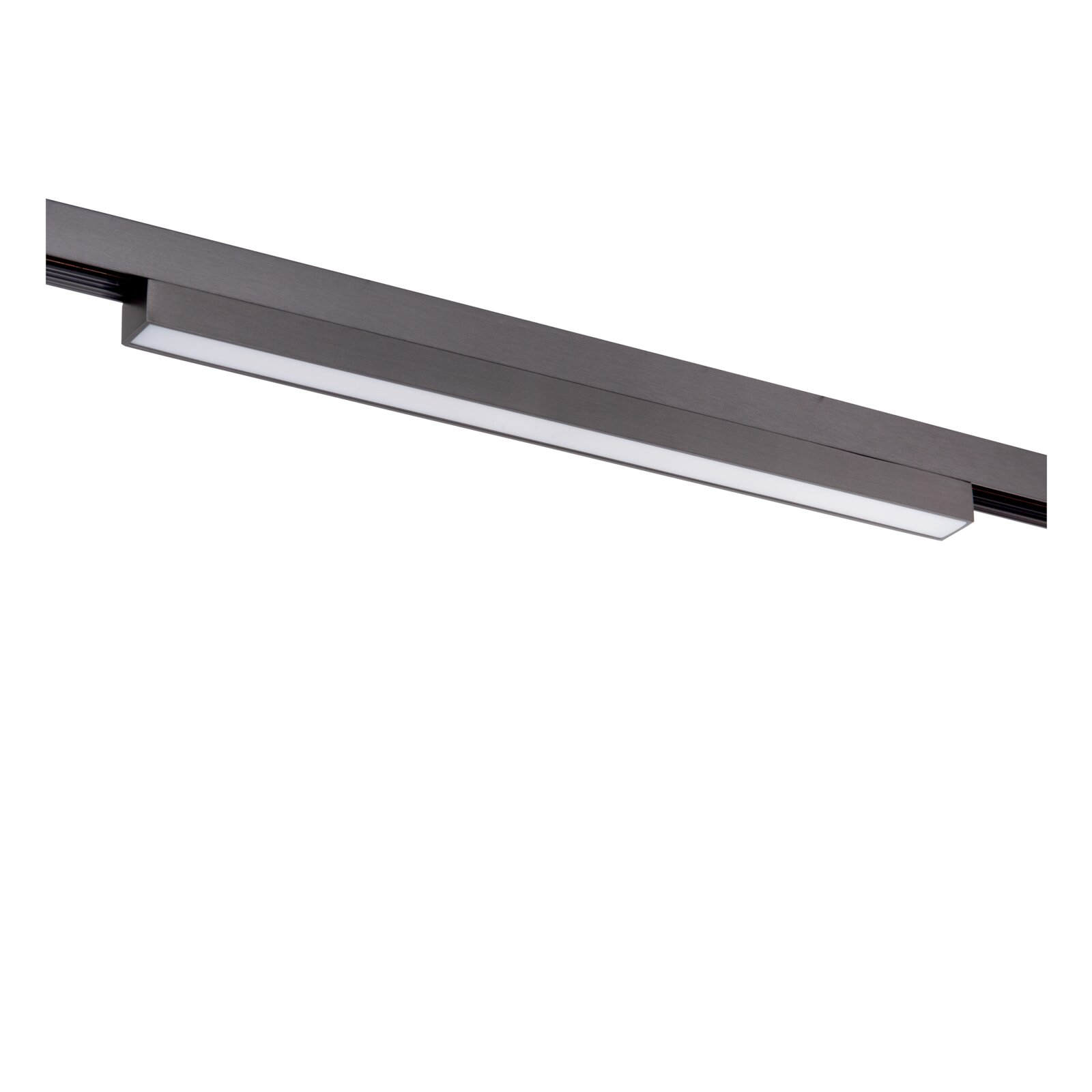 Lineare LED-Schienenleuchte in dunklem Metall mit opalem Diffusor, freigestellt auf weißem Hintergrund, schräge Seitenansicht von unten