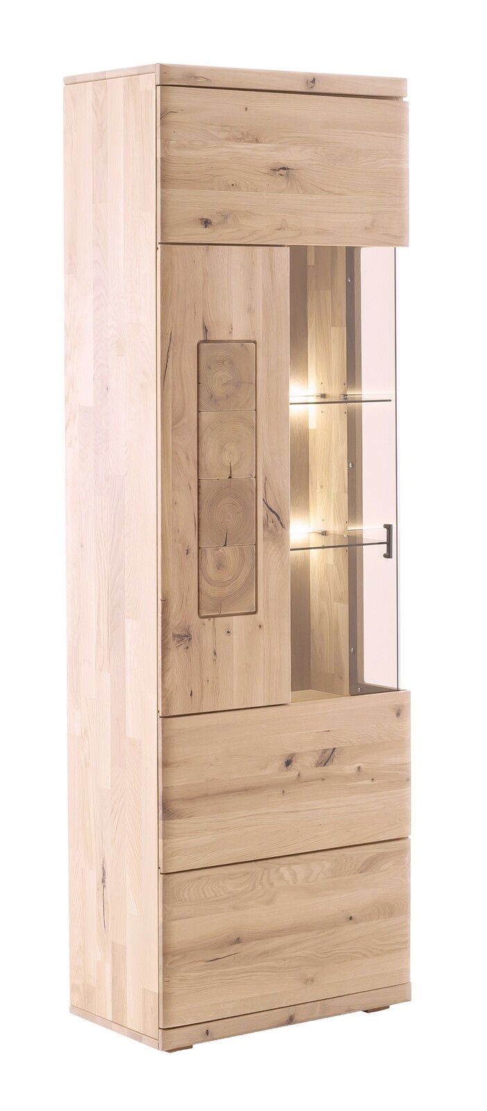 Holzvitrine mit Glastür und Beleuchtung, seitliche Perspektive