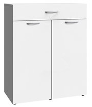 Weiße Wäschekommode mit einer Schublade und zwei Türen, frontale Perspektive