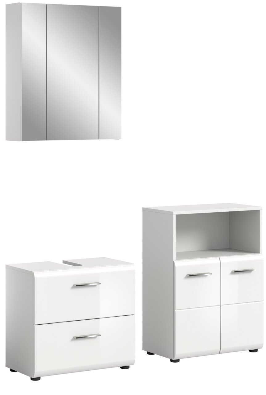 Badezimmermöbel-Set bestehend aus einem Spiegelschrank, einem Unterschrank mit zwei Schubladen und einem Hochschrank mit offenen und geschlossenen Fächern, Perspektive von vorne.