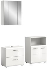 Badezimmermöbel-Set bestehend aus einem Spiegelschrank, einem Unterschrank mit zwei Schubladen und einem Hochschrank mit offenen und geschlossenen Fächern, Perspektive von vorne.