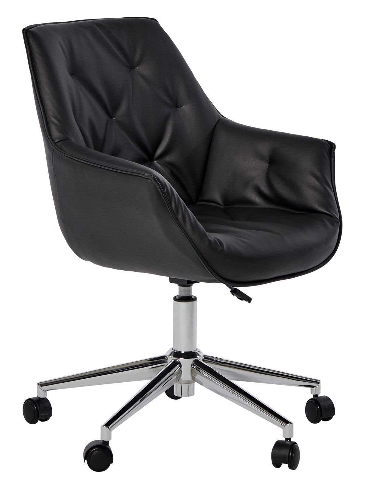 Schwarzer Bürostuhl mit gepolstertem Sitz und Rückenlehne, verchromtem Drehfuß und Rollen, seitliche Perspektive