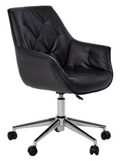 Schwarzer Bürostuhl mit gepolstertem Sitz und Rückenlehne, verchromtem Drehfuß und Rollen, seitliche Perspektive