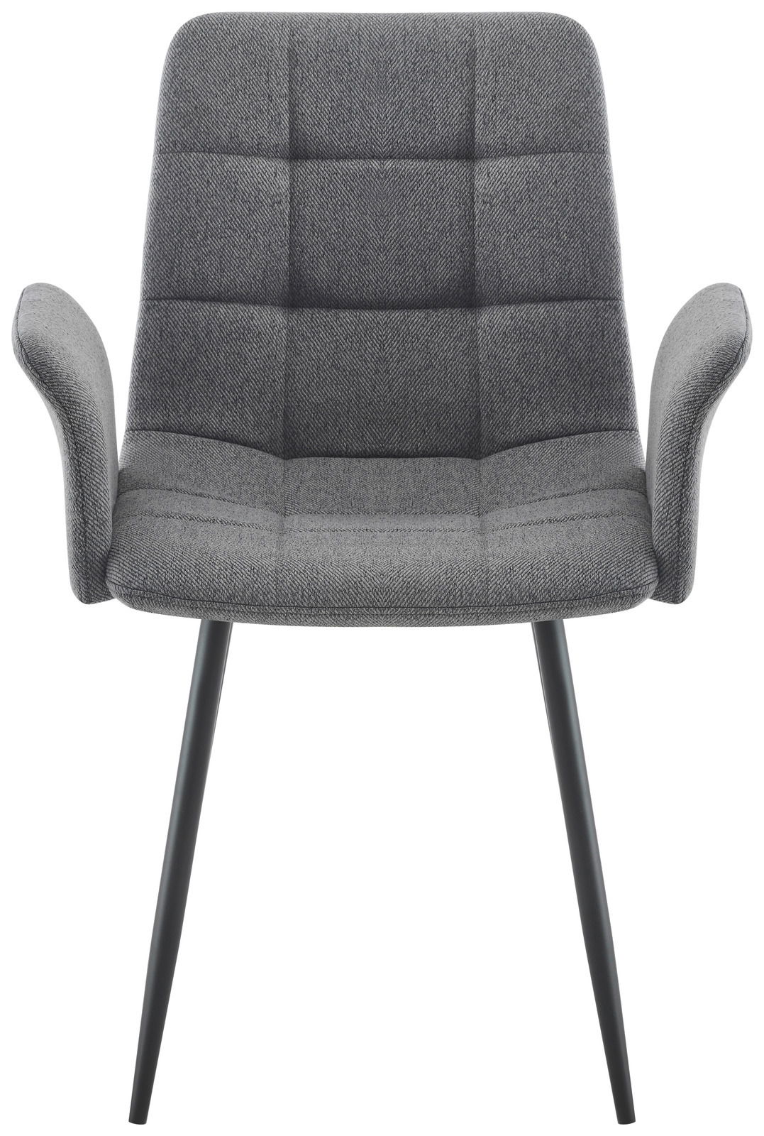 Grauer Armlehnstuhl mit gepolsterter Sitzfläche und Rückenlehne, Vorderansicht