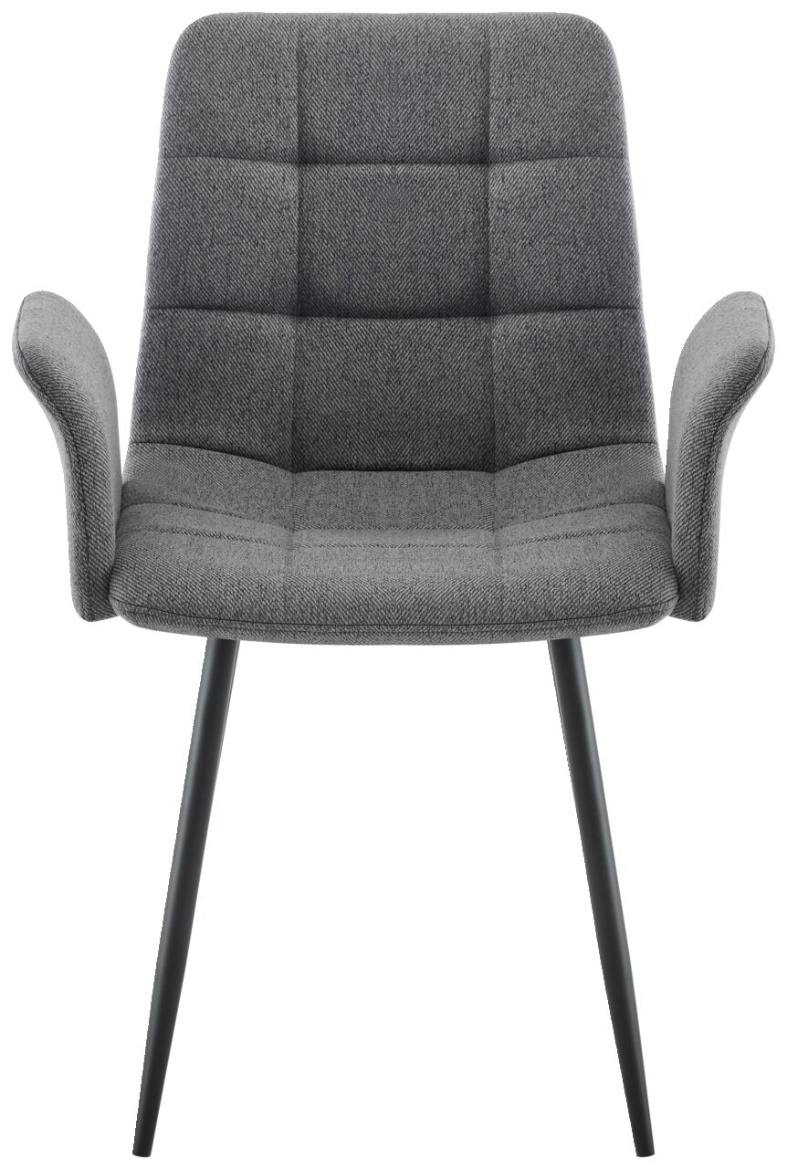 Grijze fauteuil met gestoffeerde zitting en rugleuning, vooraanzicht