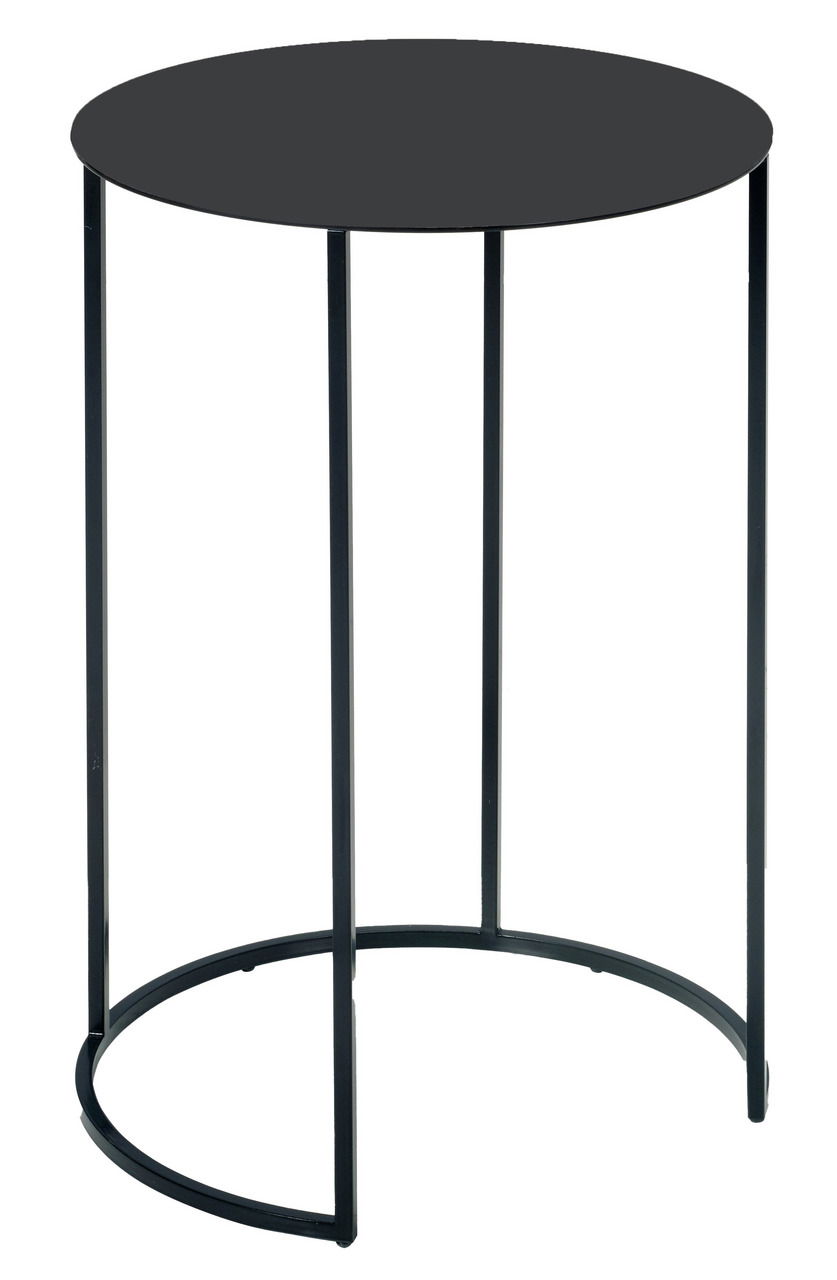 Runder Beistelltisch mit schwarzer Tischplatte und filigranem Metallgestell, seitliche Perspektive