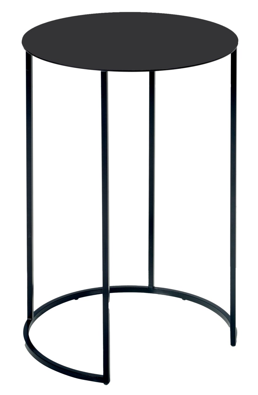 Jori Beistelltisch rund ASCOT Runder Beistelltisch mit schwarzer Tischplatte und filigranem Metallgestell, seitliche Perspektive