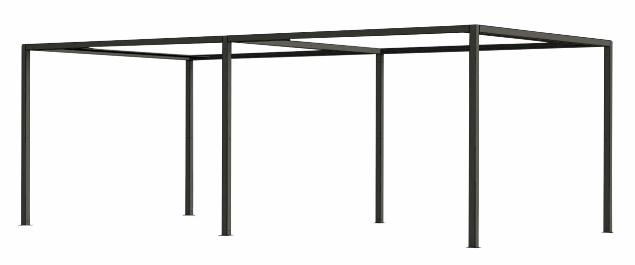 Metalen frame van een pergola-uitbreiding, gezien vanaf de zijkant