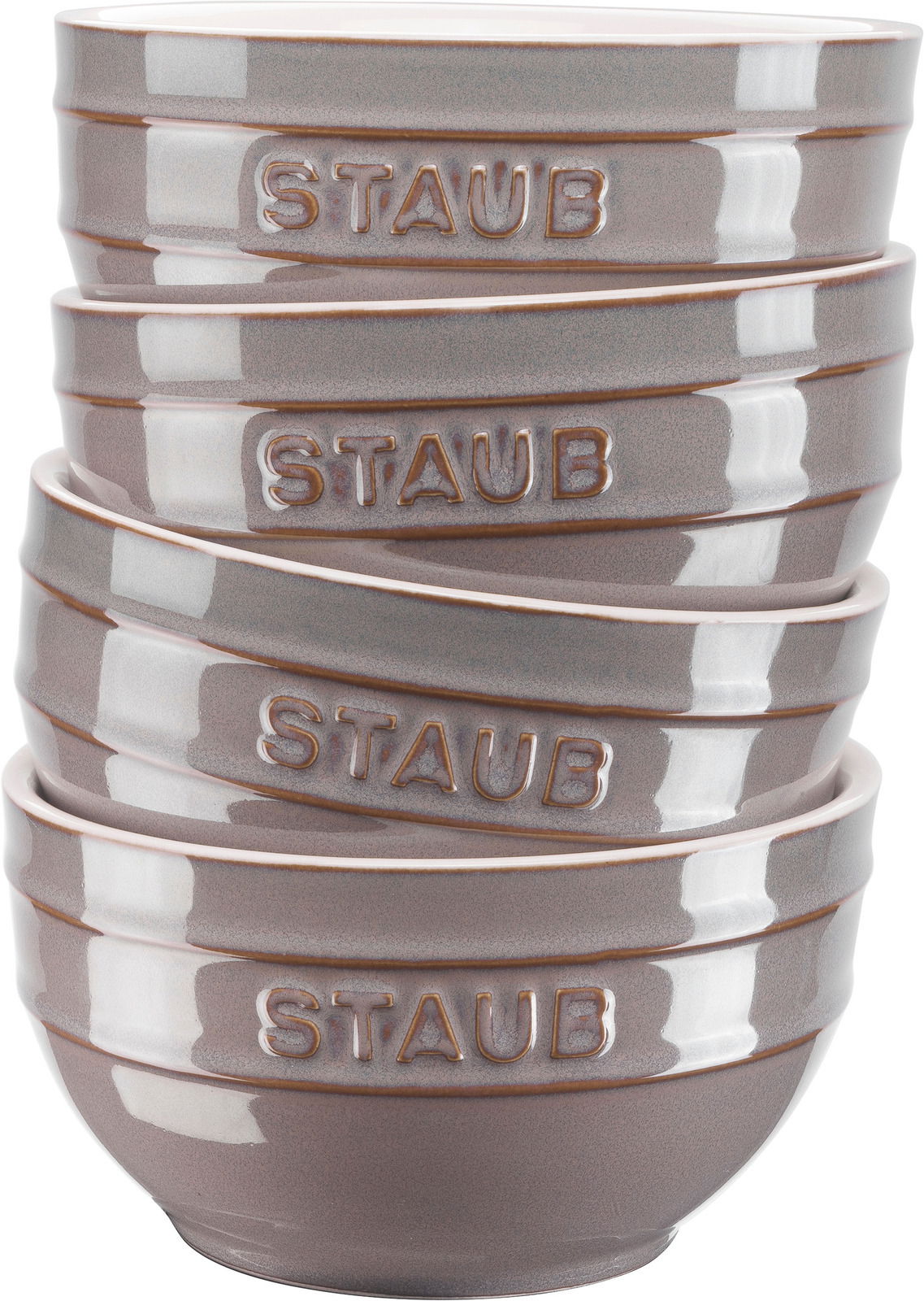 Stapel von vier grauen Schüsseln mit der Aufschrift 'STAUB', seitliche Perspektive