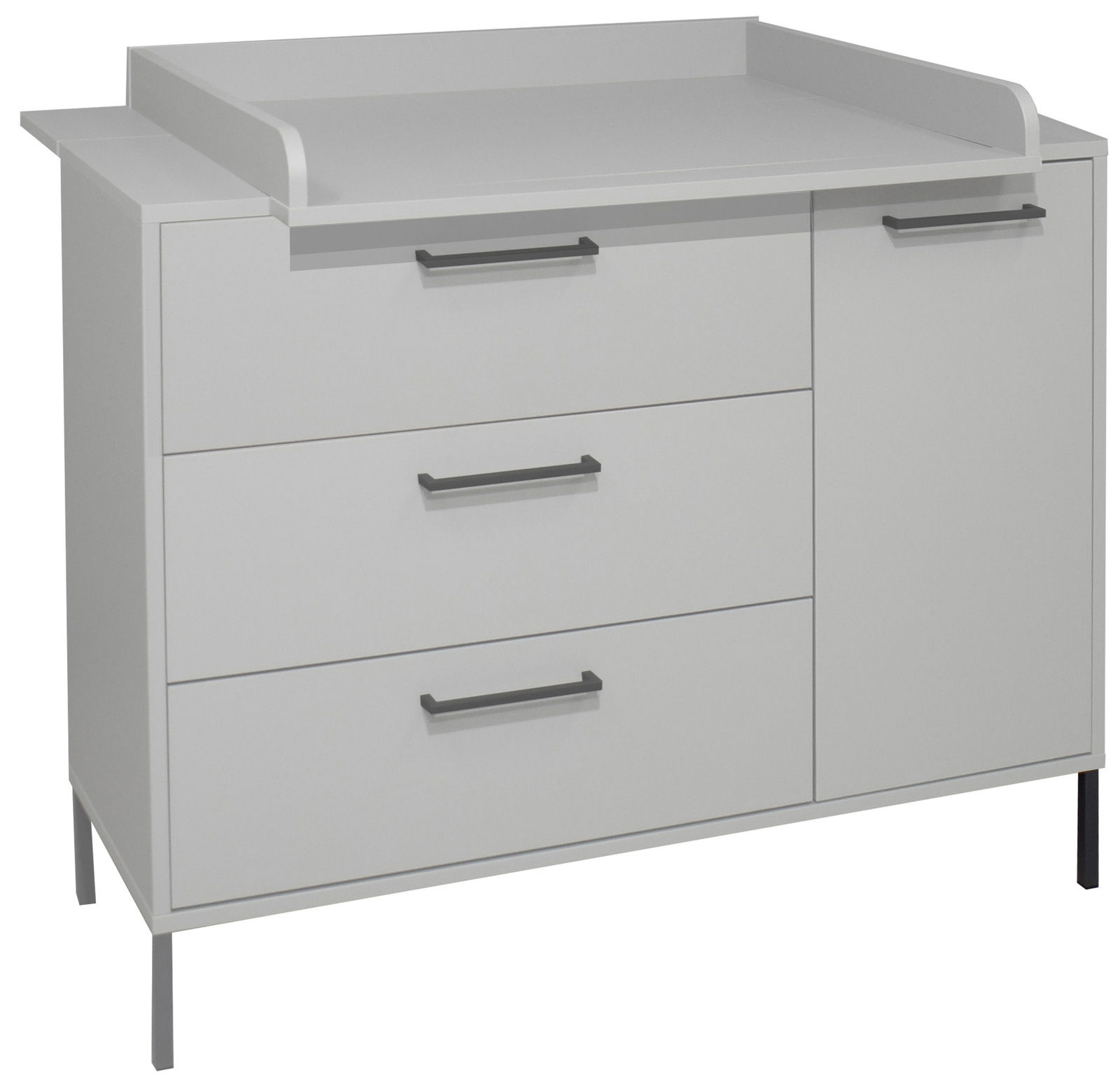 MyBaby Wickelkommode MILAN Weiße Wickelkommode mit drei Schubladen und einer Tür, seitliche Perspektive