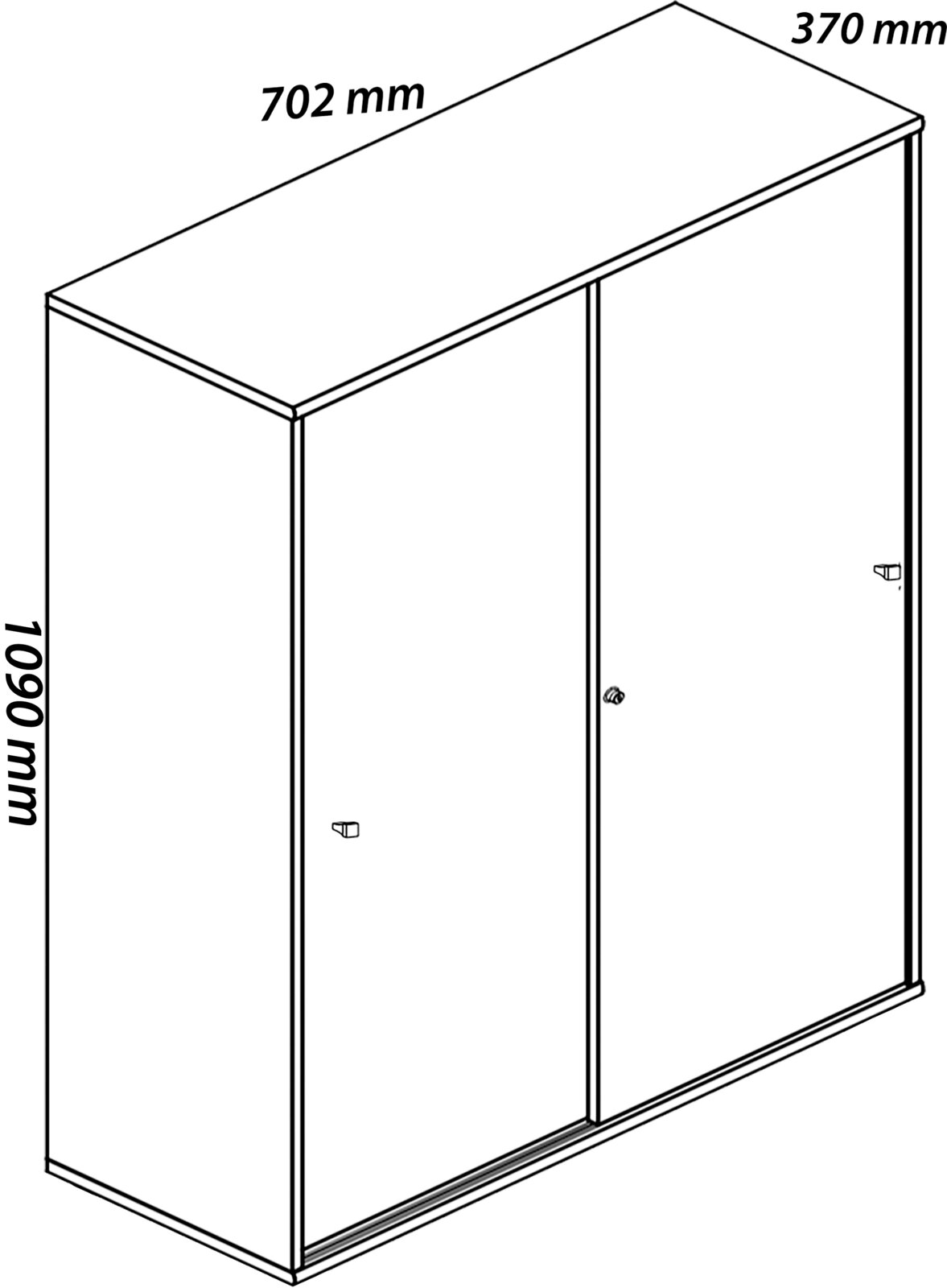 Technische Strichzeichnung eines zweitürigen Schranks mit Maßangaben (Höhe 1090 mm, Breite 702 mm, Tiefe 370 mm), dargestellt in schräger Frontansicht von oben.