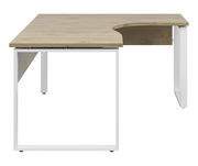 Eckschreibtisch mit Holzoberfläche und weißem Metallgestell, seitliche Perspektive