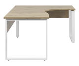 Eckschreibtisch mit Holzoberfläche und weißem Metallgestell, seitliche Perspektive