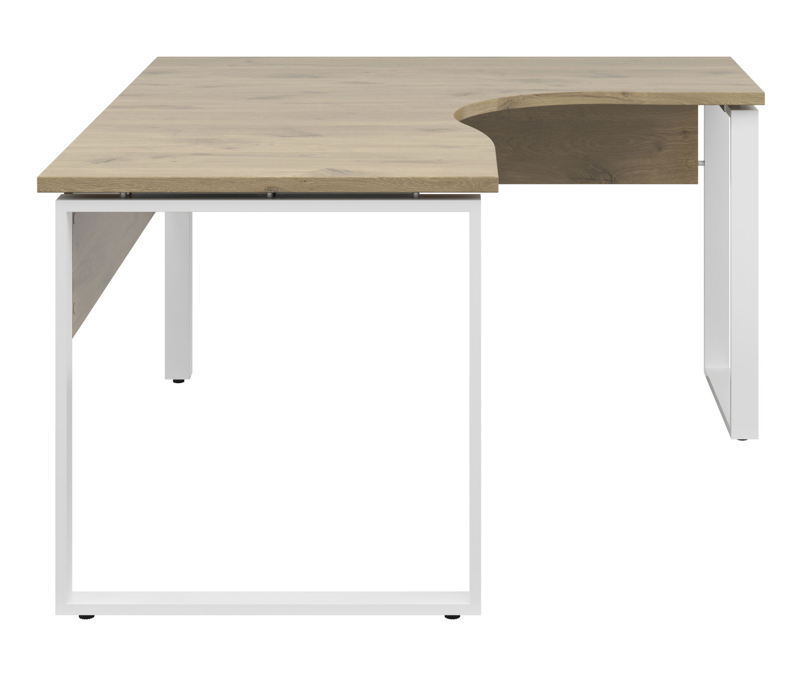 Eckschreibtisch mit Holzoberfläche und weißem Metallgestell, seitliche Perspektive