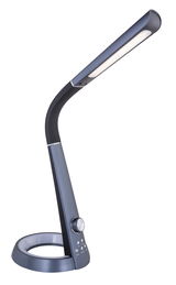 Moderne schwarze Tischleuchte aus Kunststoff mit gebogenem Arm und rundem Sockel, seitliche Perspektive