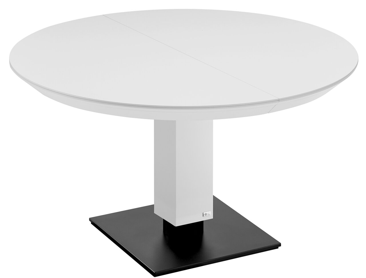 Bacher Esstisch TODO Runder weißer Esstisch mit zentralem Standfuß und quadratischer schwarzer Basis, seitliche Perspektive