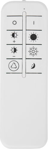 Fernbedienung für LED-Deckenleuchte Luna, Vorderansicht mit verschiedenen Symbolen zur Steuerung der Lichtintensität und -farbe.