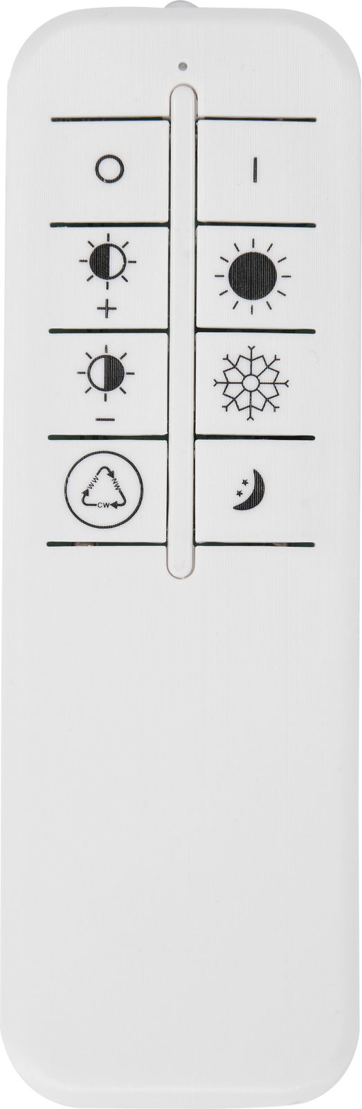 Fernbedienung für LED-Deckenleuchte Luna, Vorderansicht mit verschiedenen Symbolen zur Steuerung der Lichtintensität und -farbe.