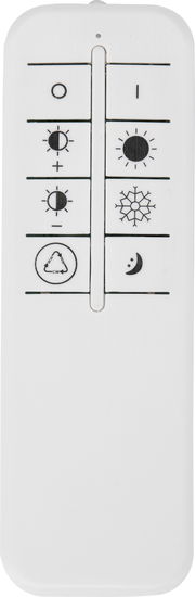 Fernbedienung für LED-Deckenleuchte Luna, Vorderansicht mit verschiedenen Symbolen zur Steuerung der Lichtintensität und -farbe.