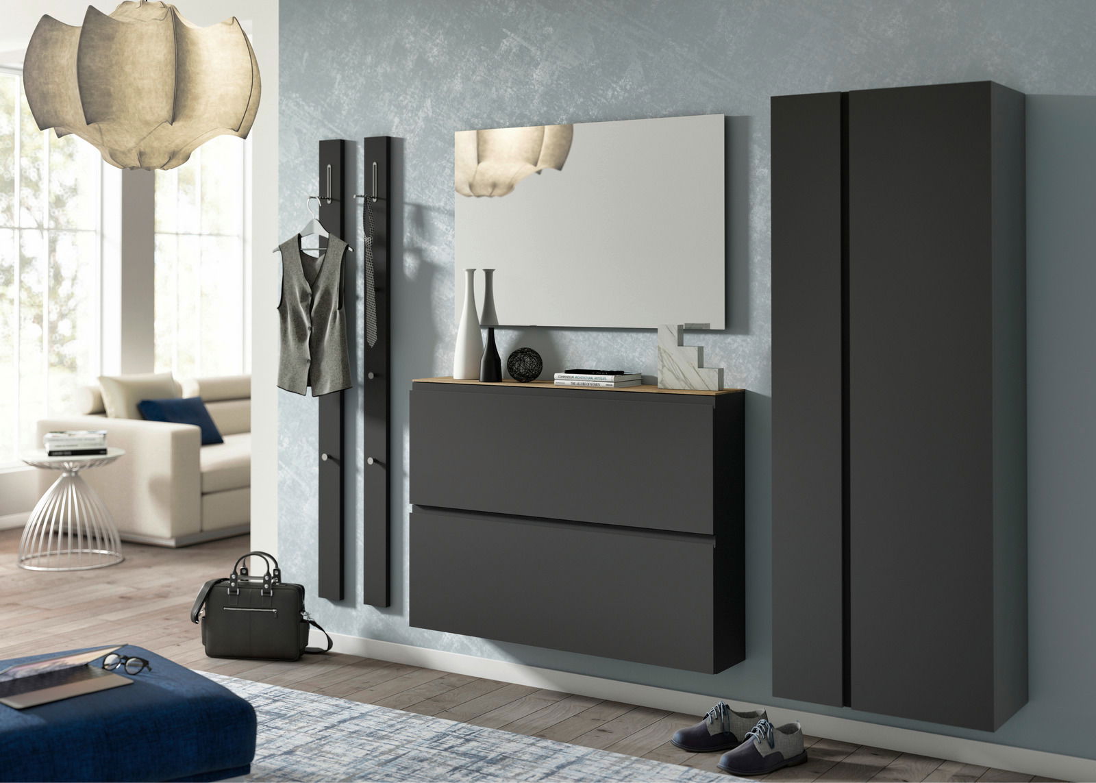 Moderano Hängeschuhschrank LECCO Moderne Garderobeneinrichtung mit Hängeschuhschrank, Spiegel und Garderobenpaneel in einer stilvollen Wohnumgebung, seitliche Perspektive.