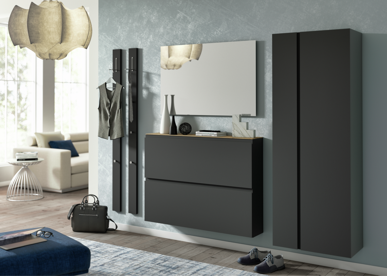 Moderano Hängeschuhschrank LECCO Moderne Garderobeneinrichtung mit Hängeschuhschrank, Spiegel und Garderobenpaneel in einer stilvollen Wohnumgebung, seitliche Perspektive.