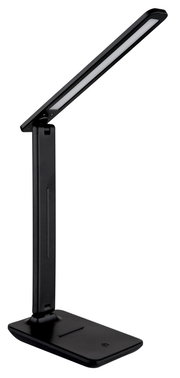Moderne schwarze Tischleuchte mit schlankem, verstellbarem Arm, seitliche Perspektive.