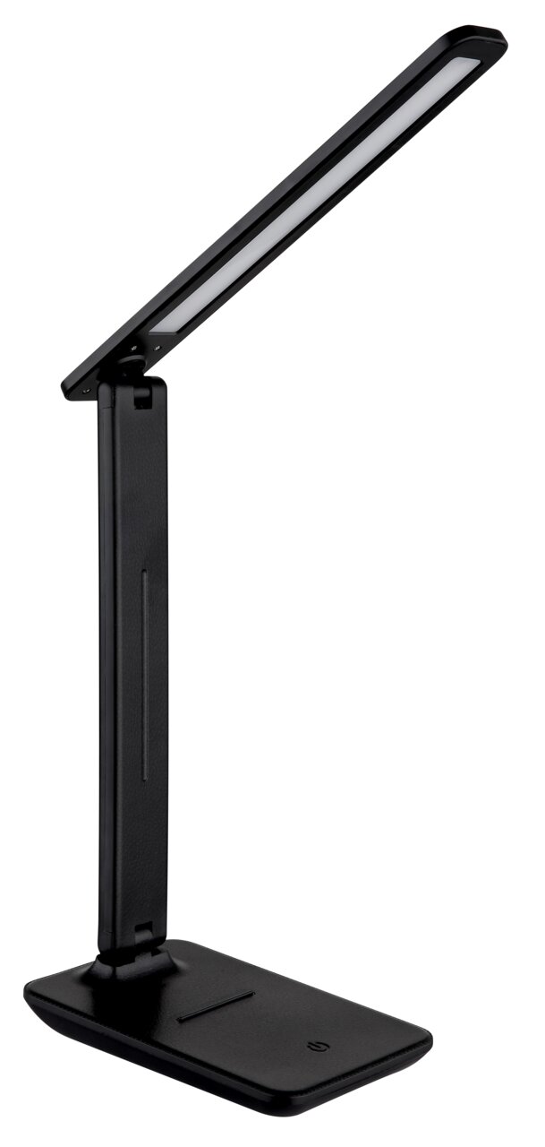 Moderne schwarze Tischleuchte mit schlankem, verstellbarem Arm, seitliche Perspektive.