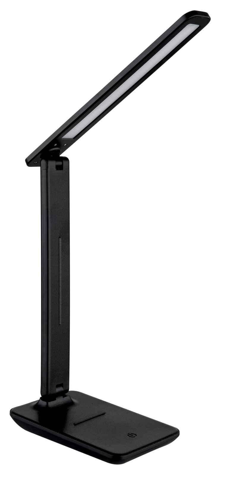 Moderne schwarze Tischleuchte mit schlankem, verstellbarem Arm, seitliche Perspektive.