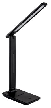 Moderne schwarze Tischleuchte mit schlankem, verstellbarem Arm, seitliche Perspektive.