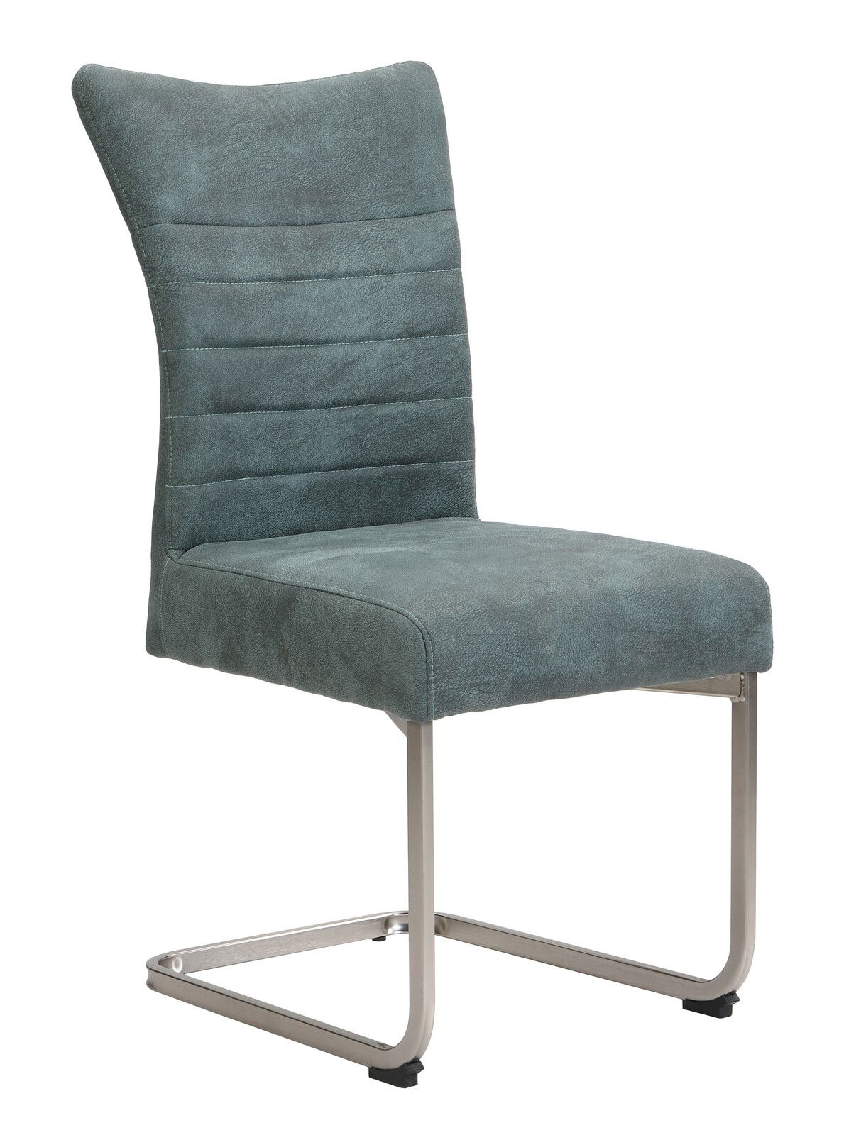 Moderner Schwingstuhl in grauem Stoffbezug mit Metallgestell, seitliche Perspektive