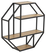 Achteckiges Wandregal aus Metall mit Holzböden, seitliche Perspektive