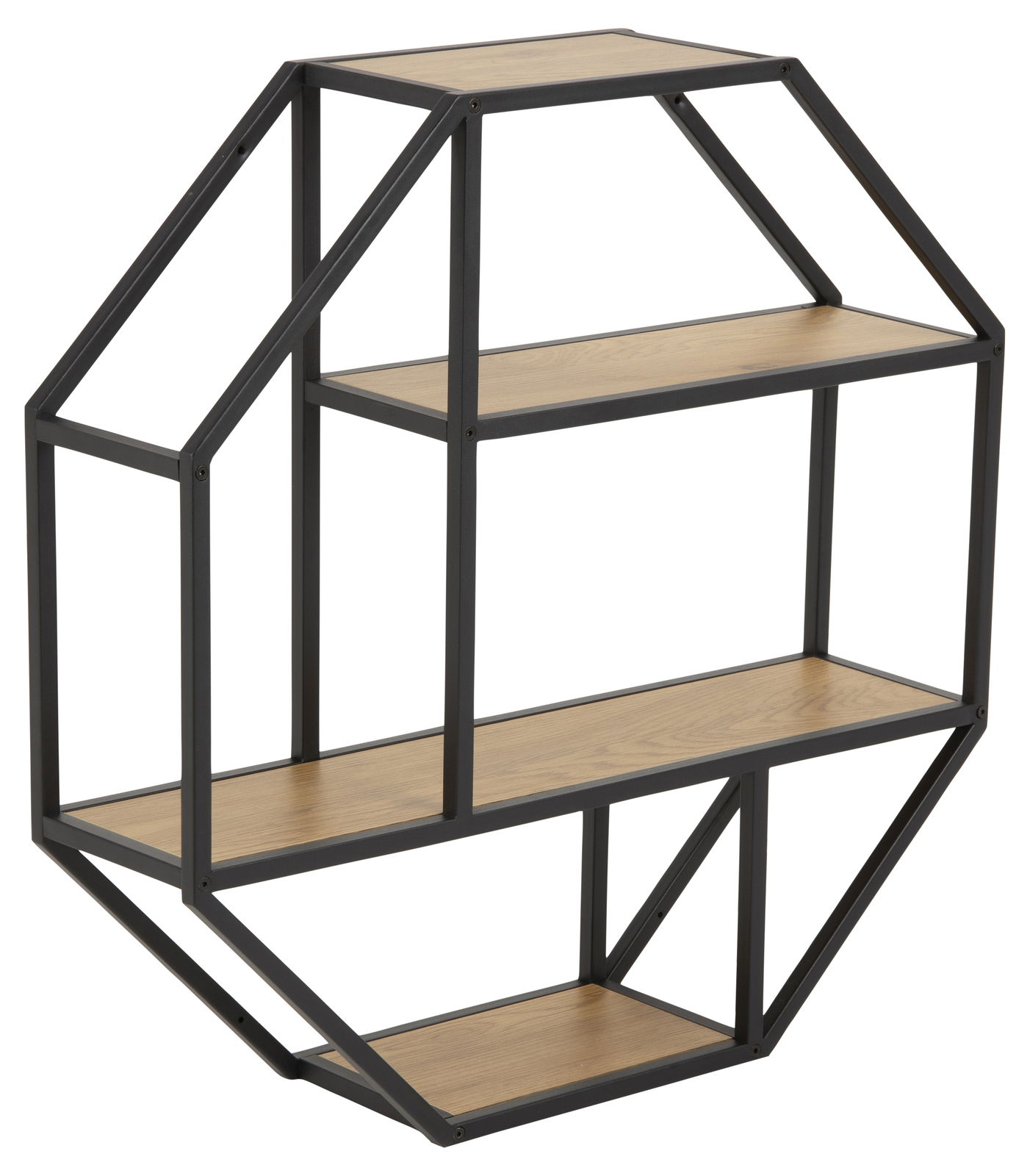 Z2 Wandregal achteckig SEAFORD Achteckiges Wandregal aus Metall mit Holzböden, seitliche Perspektive