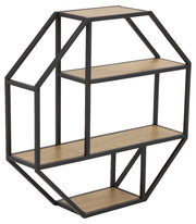 Achteckiges Wandregal aus Metall mit Holzböden, seitliche Perspektive