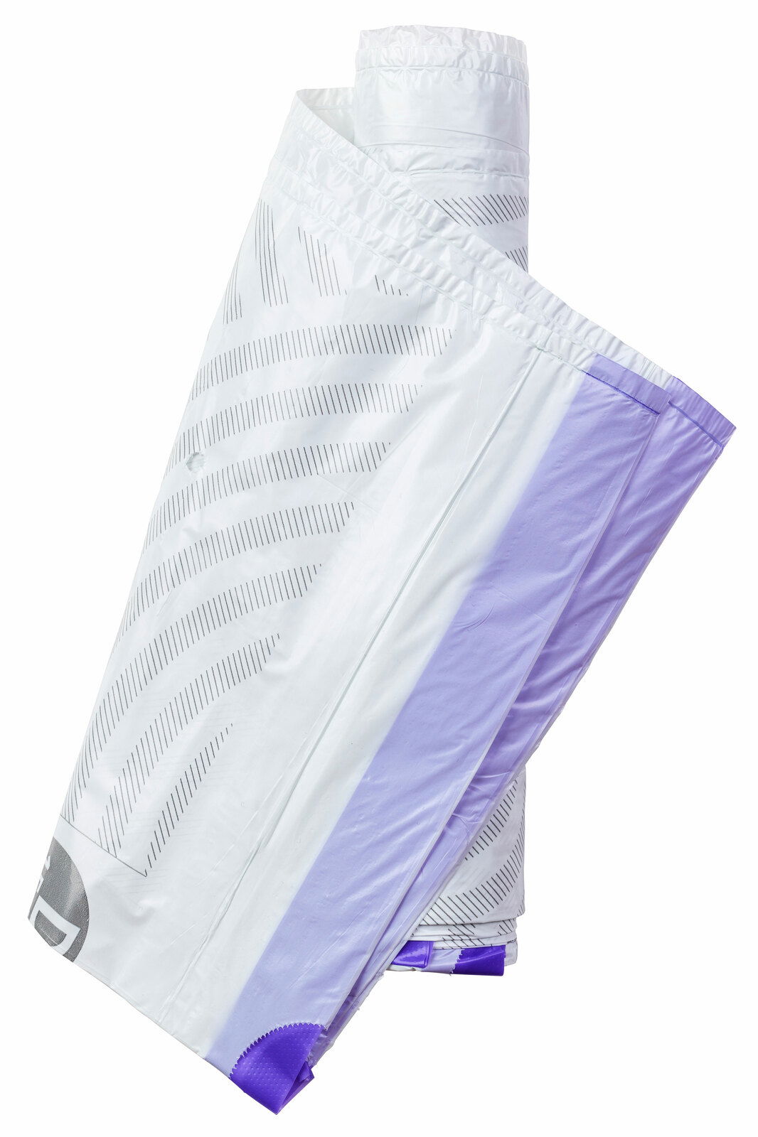 Rolle von weißen Müllbeuteln mit lila Streifen, aus seitlicher Perspektive fotografiert