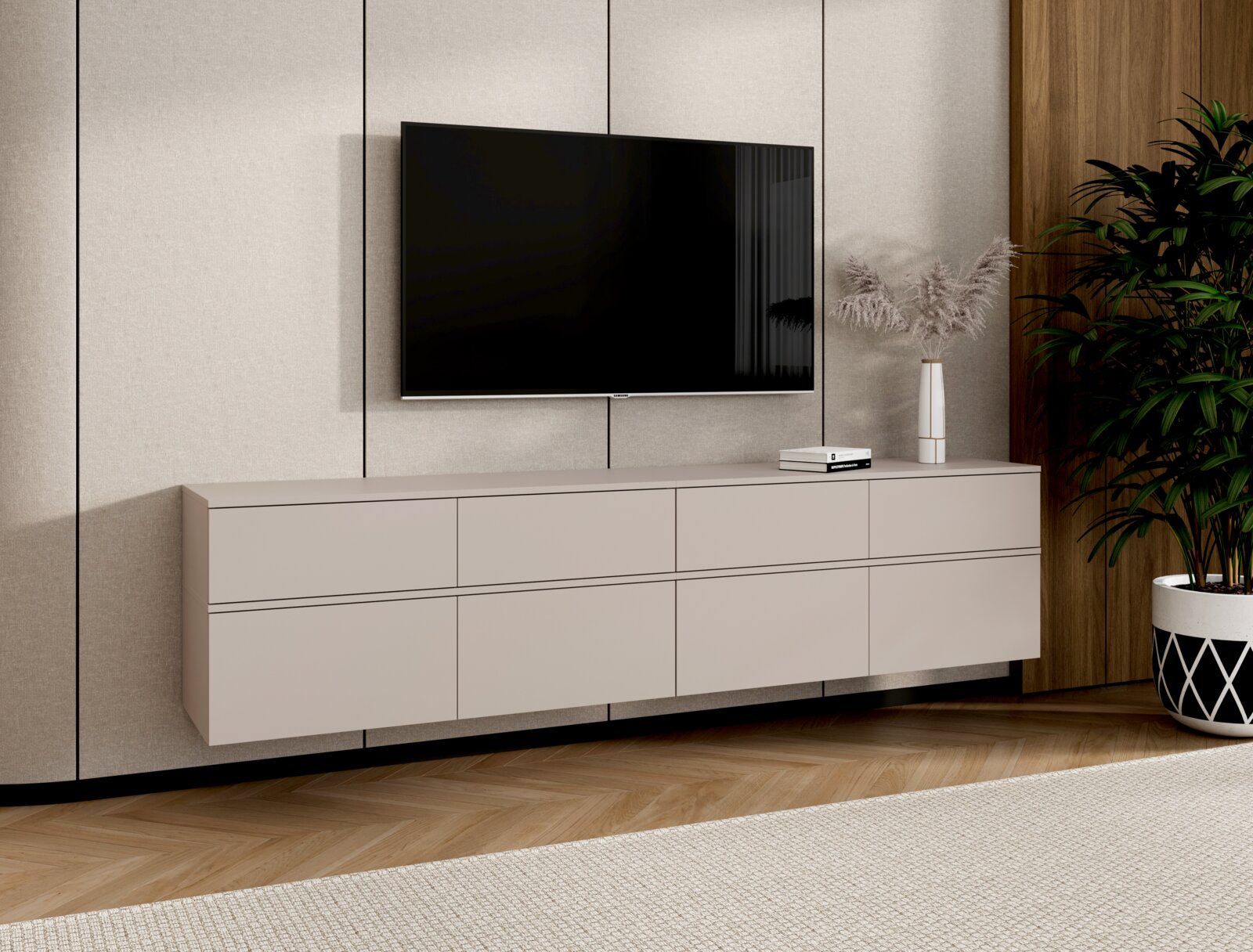 XORA TV-Lowboard SCALE Modernes, schwebendes TV-Lowboard in Greige/Beige mit glatten Fronten und sechs Klappen, an der Wand montiert unter einem Flachbild-TV; Perspektive: frontale Ansicht mit leichter Rechtsansicht.