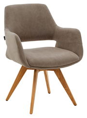 Moderner Armlehnstuhl mit grauem Polster und Holzbeinen, seitliche Perspektive