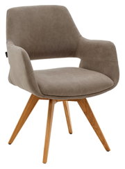 Moderne fauteuil met grijze bekleding en houten poten, zijaanzicht