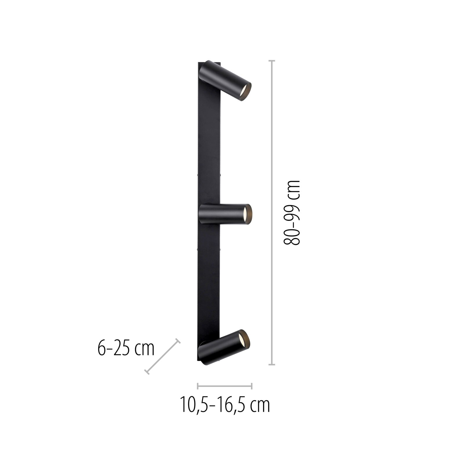 Schwarze, verstellbare LED-Wandleuchte mit drei zylindrischen Spots an einer vertikalen Schiene, Maße ca. 80–99 cm Höhe und 10,5–16,5 cm Breite, Frontansicht