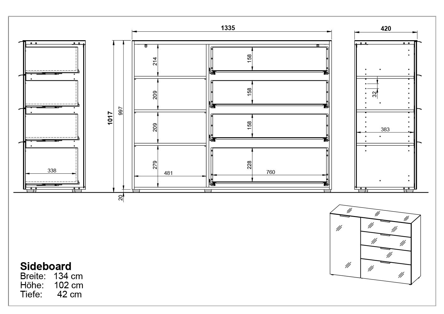Technische Zeichnung eines Sideboards mit den Maßen: Breite 134 cm, Höhe 102 cm, Tiefe 42 cm. Frontale und seitliche Ansichten sind dargestellt.
