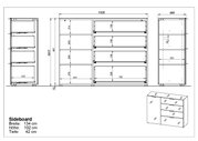 Technische Zeichnung eines Sideboards mit den Maßen: Breite 134 cm, Höhe 102 cm, Tiefe 42 cm. Frontale und seitliche Ansichten sind dargestellt.